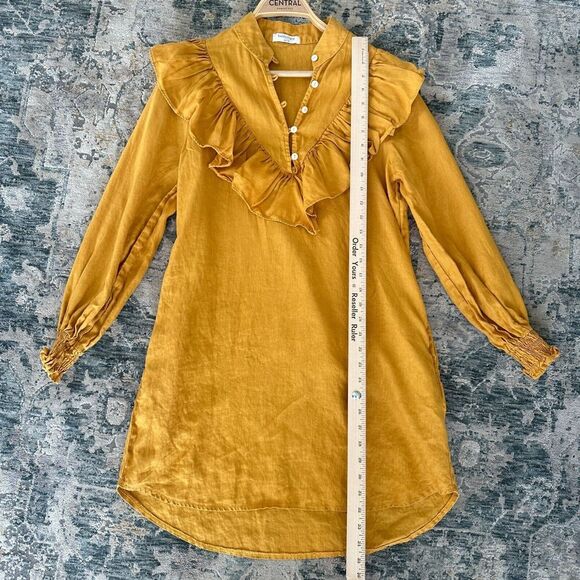 Lanhtropy Dress Womens XS Linen Tunic Flounce Victorian Boho Chic Rustic Mustard - Picture 8 of 9